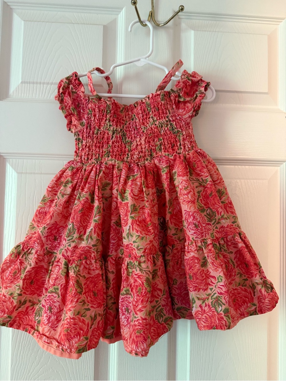 Haute Hippie Coral Pink Red Floral Smocked Sundress